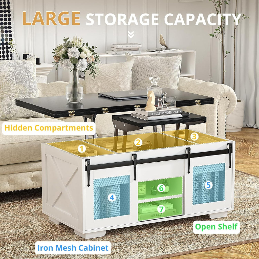 VOWNER Mesa de Centro Elevable, Mesa Extensible, Multifuncional 3 en 1 con Almacenamiento Oculto - Comedor, Convertible, Estilo Granja, Nogal