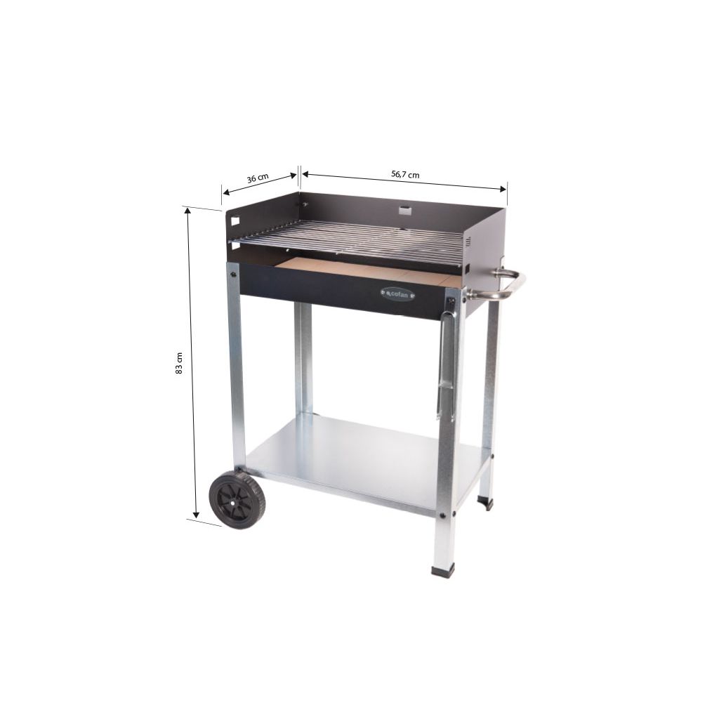 Cofan grill węglowy z kółkami | Regulowany ruszt | Z cegłą szamotową i bocznym uchwytem | Łatwy w transporcie | Duża powierzchnia grillowania | Wymiary: 56,7 x 36 x 83 cm
