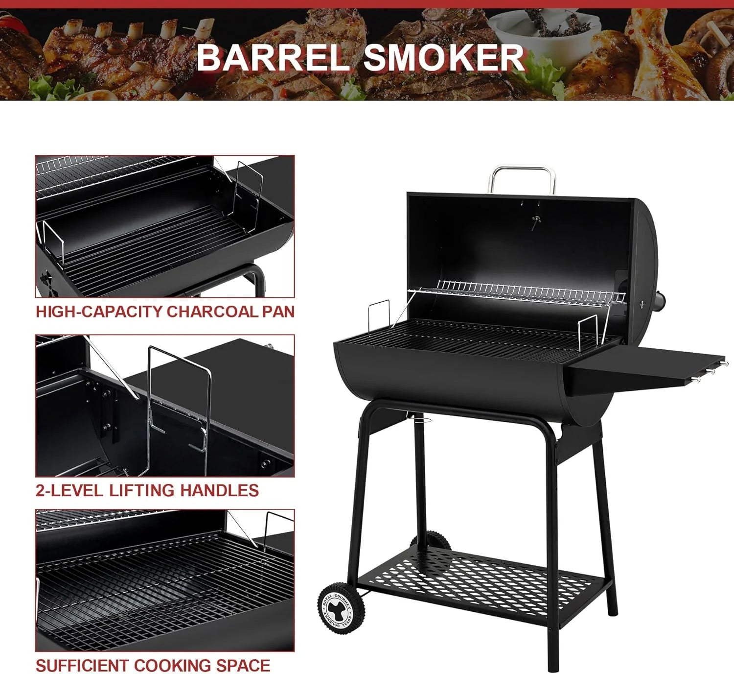 2026 Parrilla de carbón Royal Gourmet CC1830 de 30 pulgadas con mesa lateral, barbacoa exterior con 627 pulgadas cuadradas de espacio de cocción para jardín, terraza y fiestas, color negro
