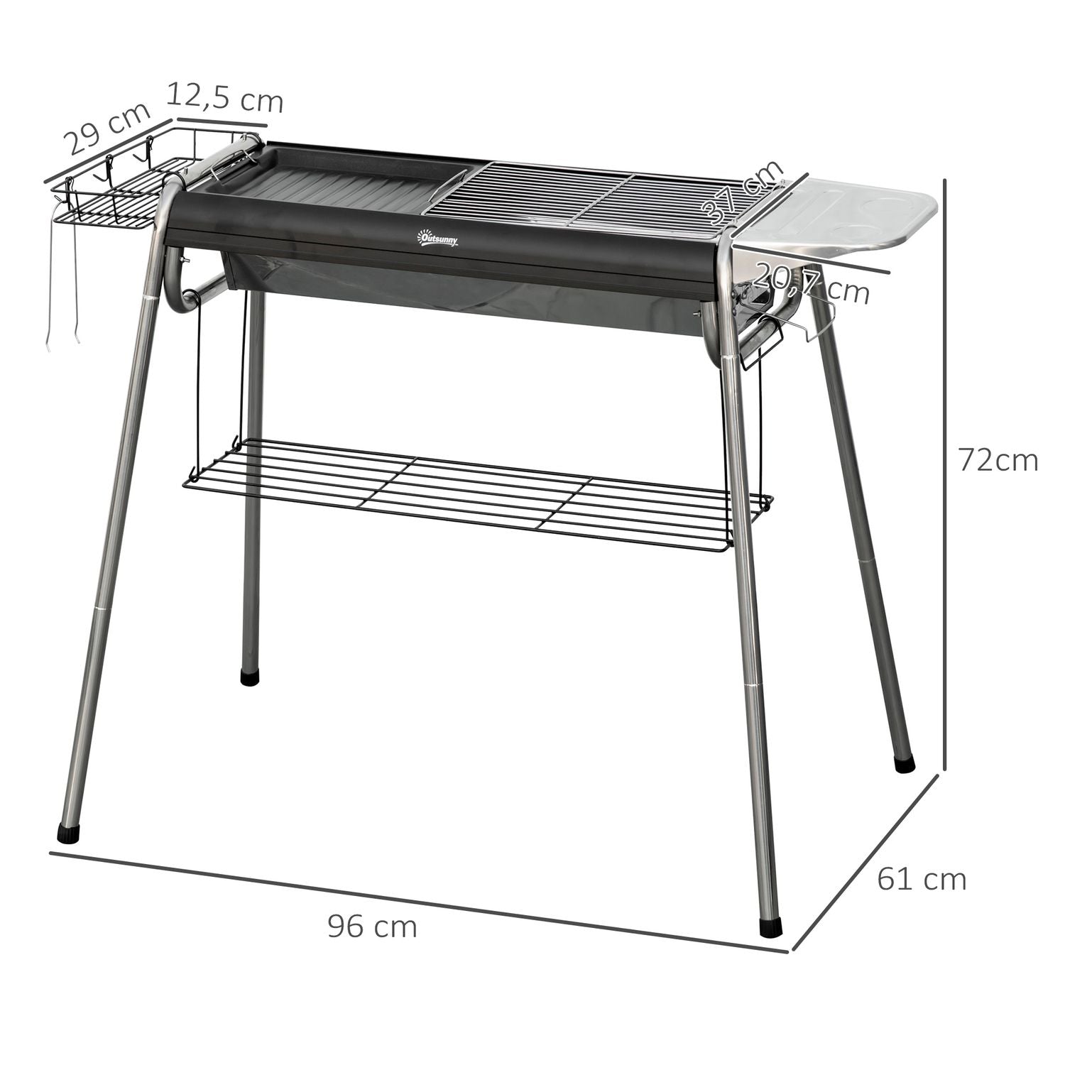 Outsunny Grill węglowy, stal nierdzewna, metal, 96x61x72 cm, czarny