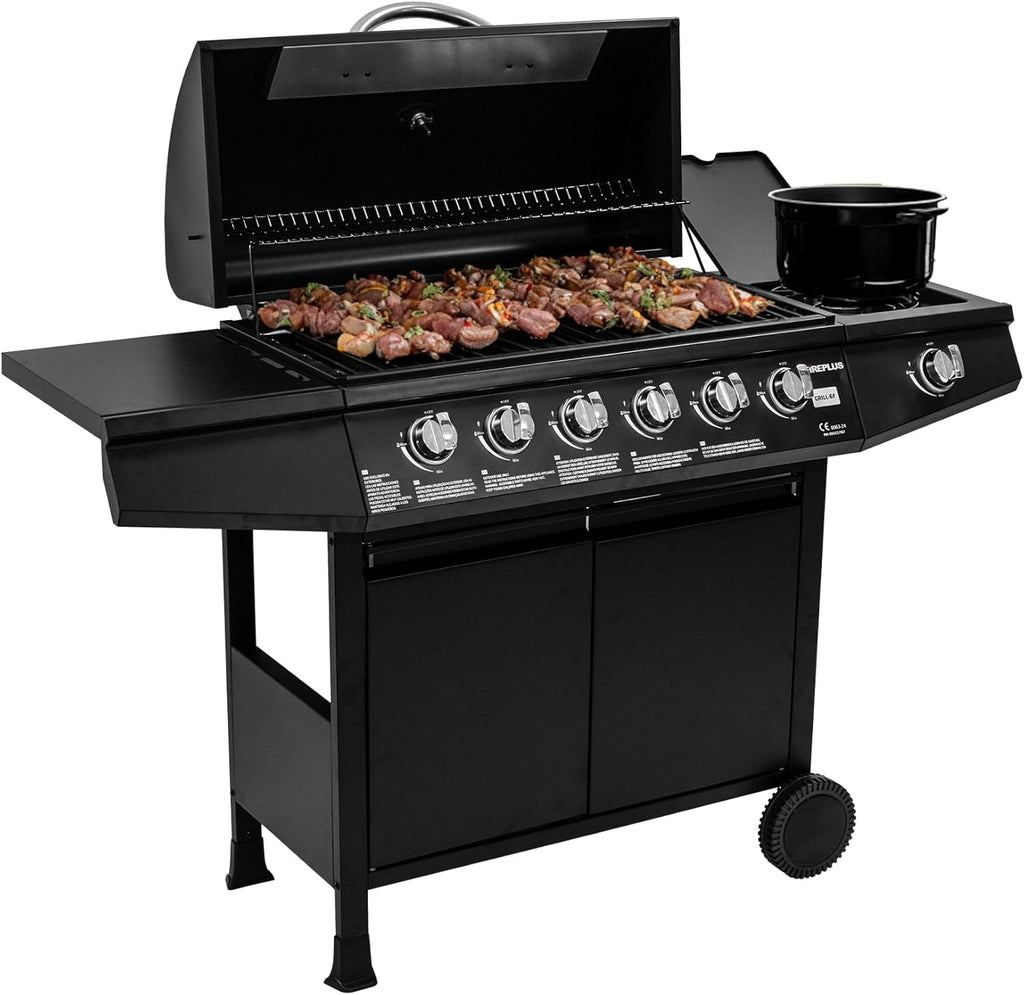 Grill gazowy Fireplus 6+1, 12,9 kW – stal nierdzewna czarna – grill na kółkach, model GRILL-6F – grill XXL z wózkiem i termometrem – 138 x 52 x 103 cm – 7 palników i półka boczna
