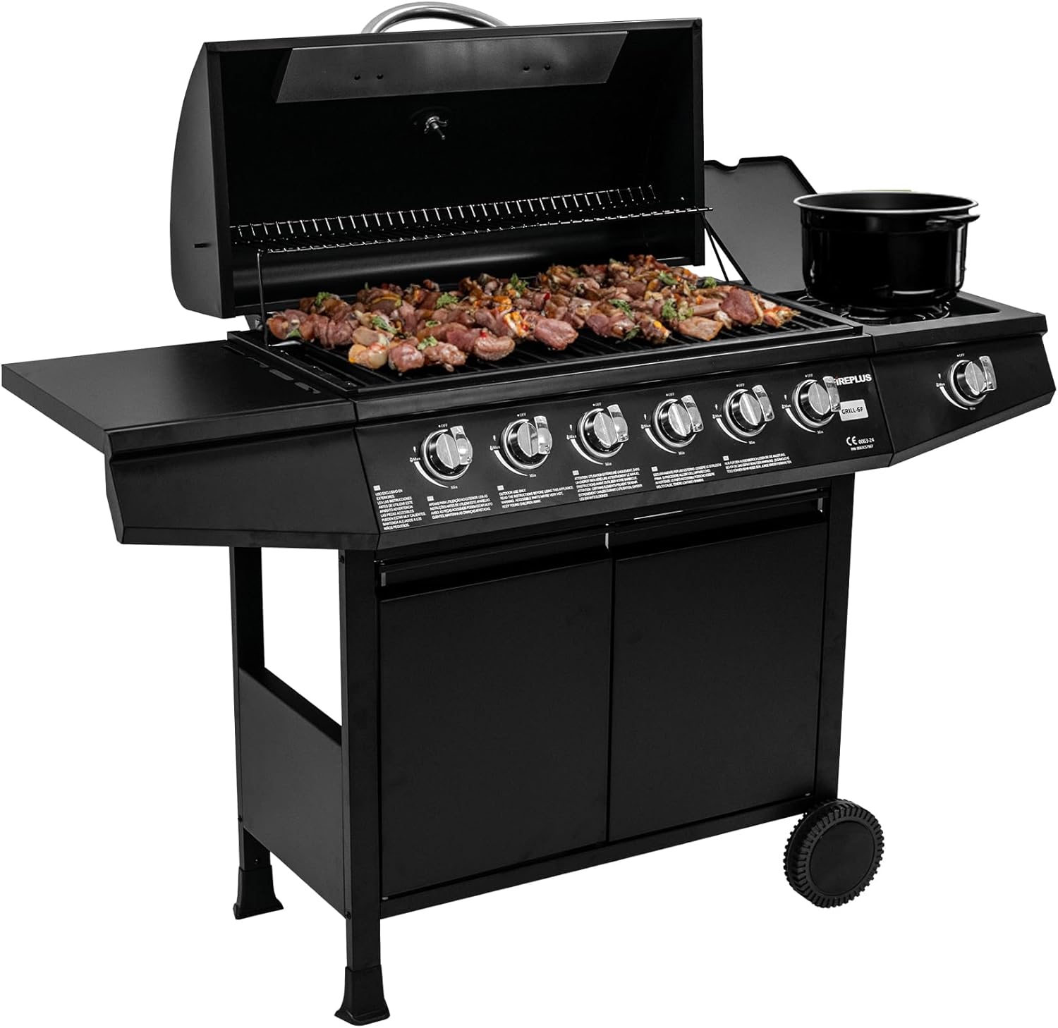 Grill gazowy Fireplus 6+1, 12,9 kW – stal nierdzewna czarna – grill na kółkach, model GRILL-6F – grill XXL z wózkiem i termometrem – 138 x 52 x 103 cm – 7 palników i półka boczna