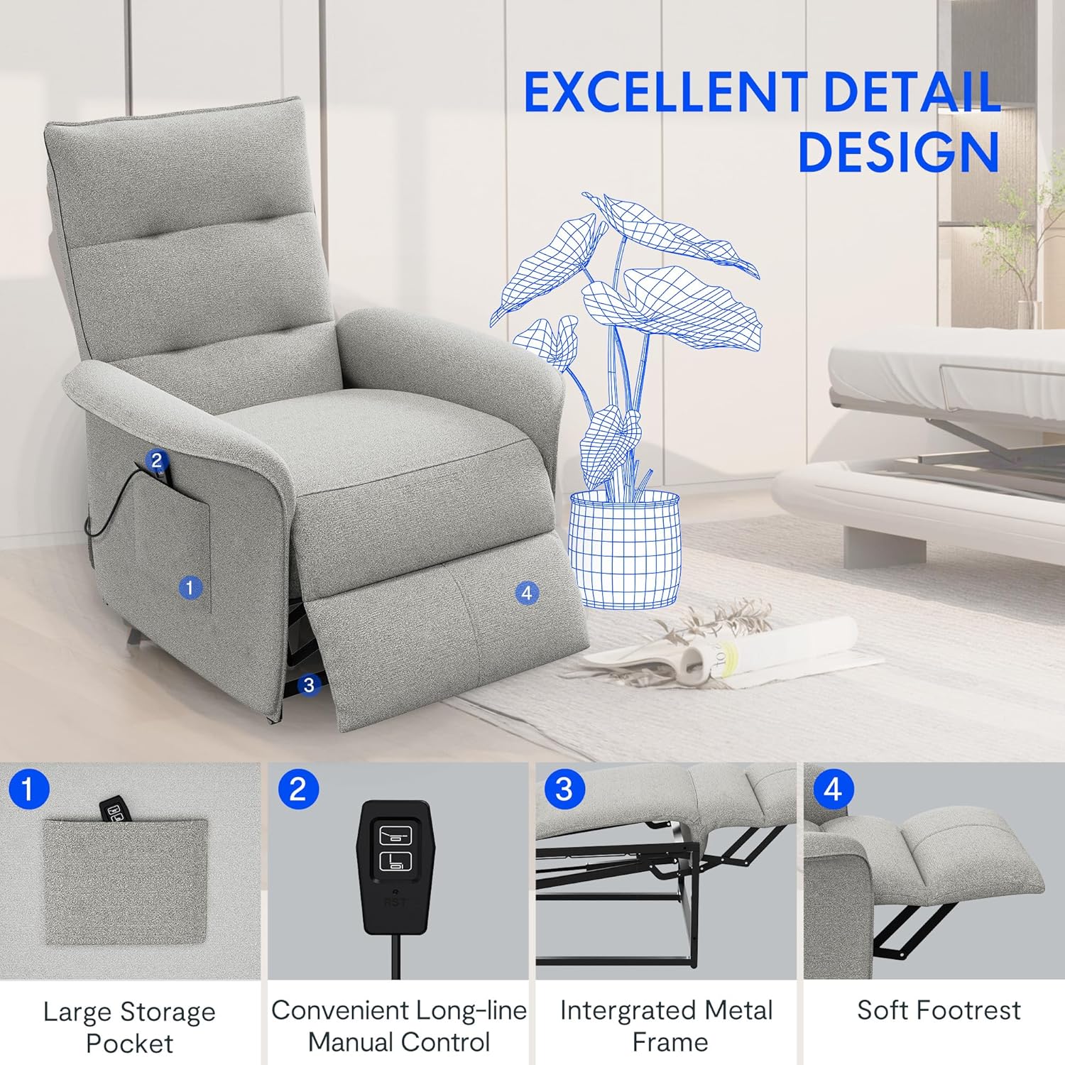FLEXISPOT Sillón de Relax Eléctrico con Respaldo Ajustable, Reclinable de 105° a 155°, Sillon Reclinable, Sofá Relax Ergonómico Sillón para Dormitorio, Salón y Cine en casa (Gris Oscuro)