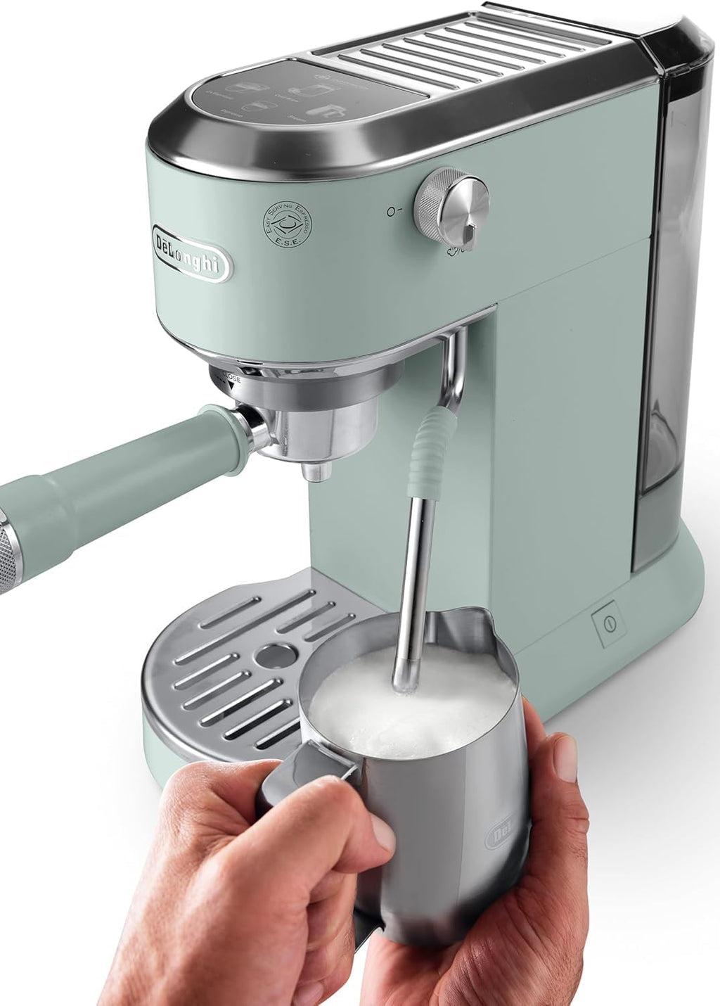 De'Longhi Dedica – Stainless Steel Pump Espresso Coffee Machine for Ground Coffee or Pods, Espresso and Cappuccino, 1.3 L Tank, Anti-Drip System, Model EC685.M, Metallic Colour