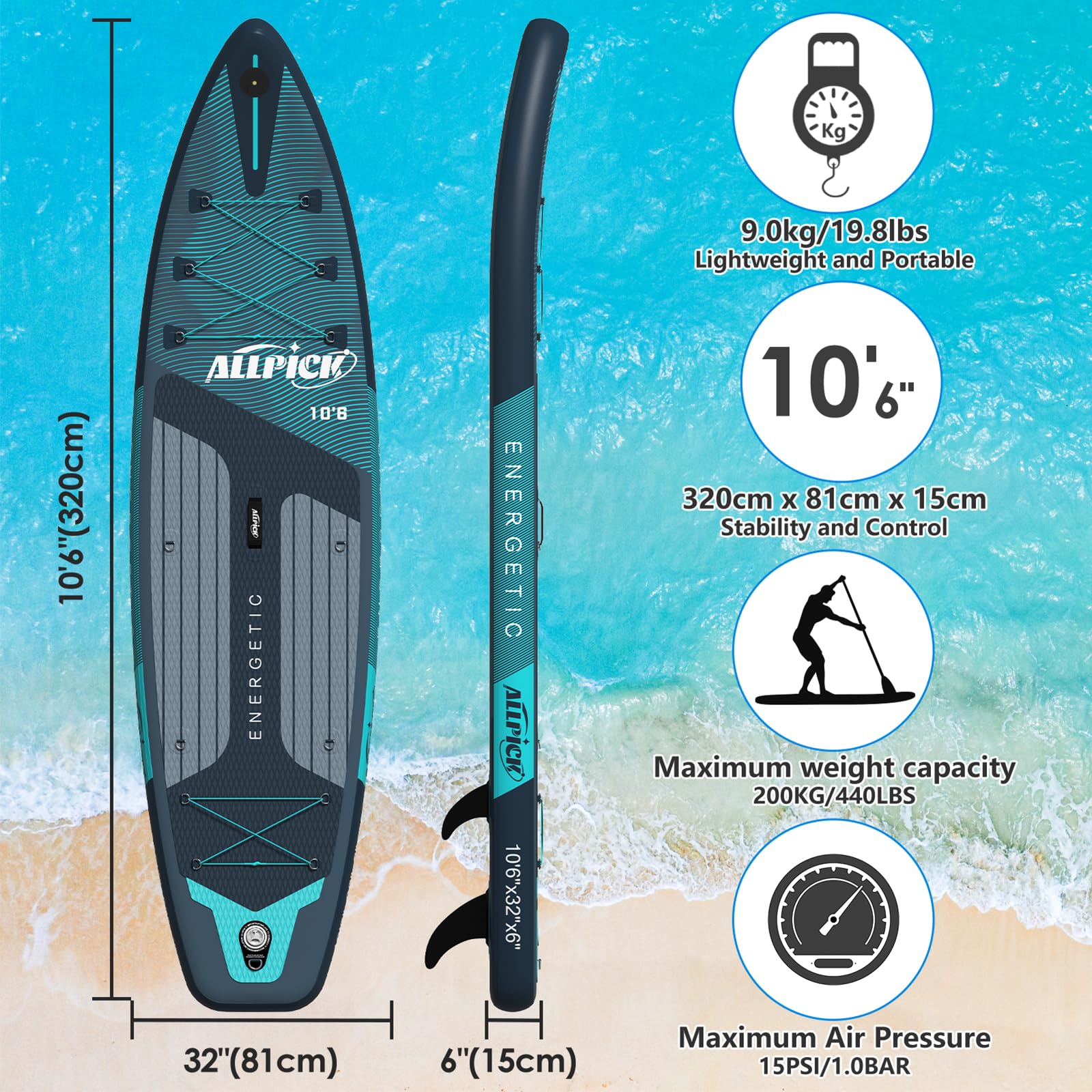 2025 ALLPICK Premium Inflatable Stand-Up Paddle Board (Premium Green) – Complete kit with universal camera mount, adjustable paddle, for beginners and advanced users, 180 kg capacity