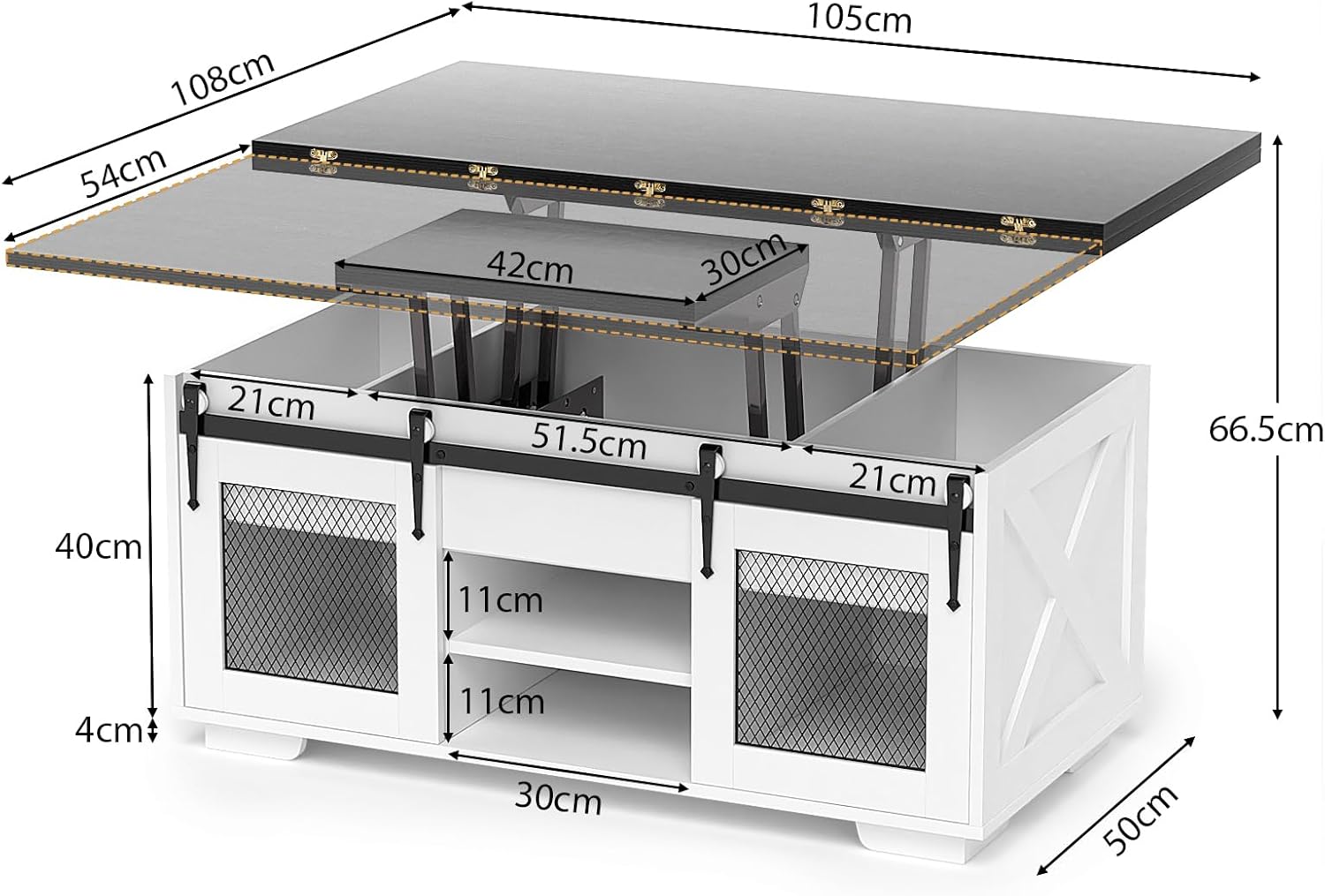 VOWNER Mesa de Centro Elevable, Mesa Extensible, Multifuncional 3 en 1 con Almacenamiento Oculto - Comedor, Convertible, Estilo Granja, Nogal