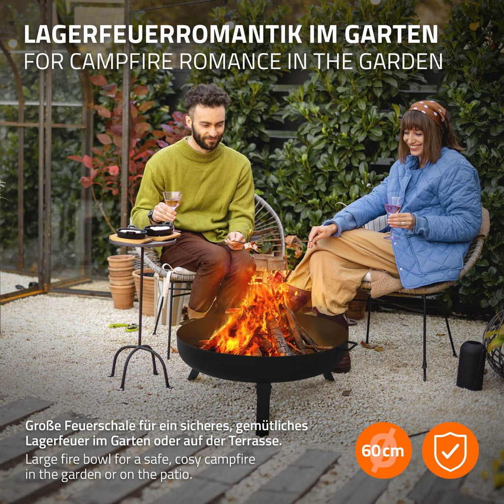 Steel fire pit with tripod for barbecue