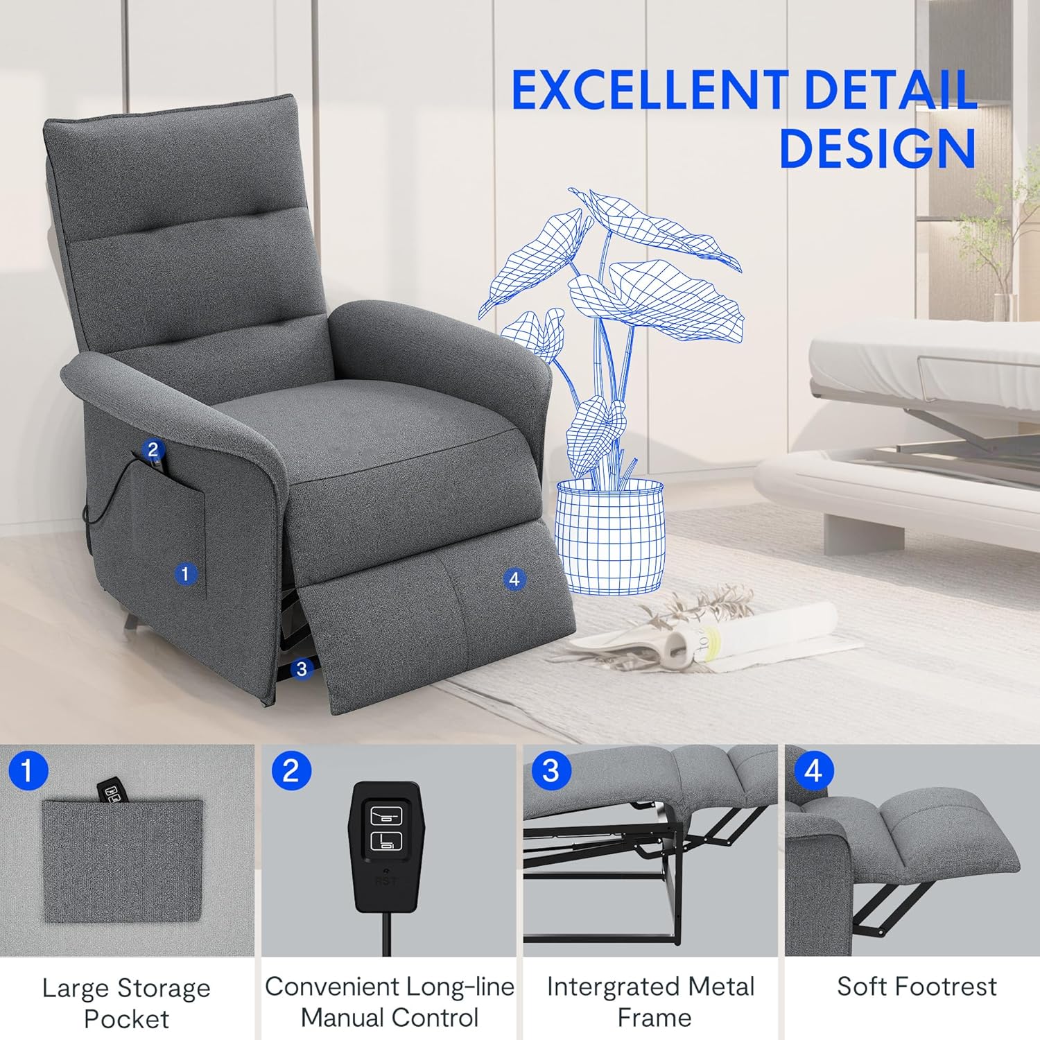 FLEXISPOT Sillón de Relax Eléctrico con Respaldo Ajustable, Reclinable de 105° a 155°, Sillon Reclinable, Sofá Relax Ergonómico Sillón para Dormitorio, Salón y Cine en casa (Gris Oscuro)