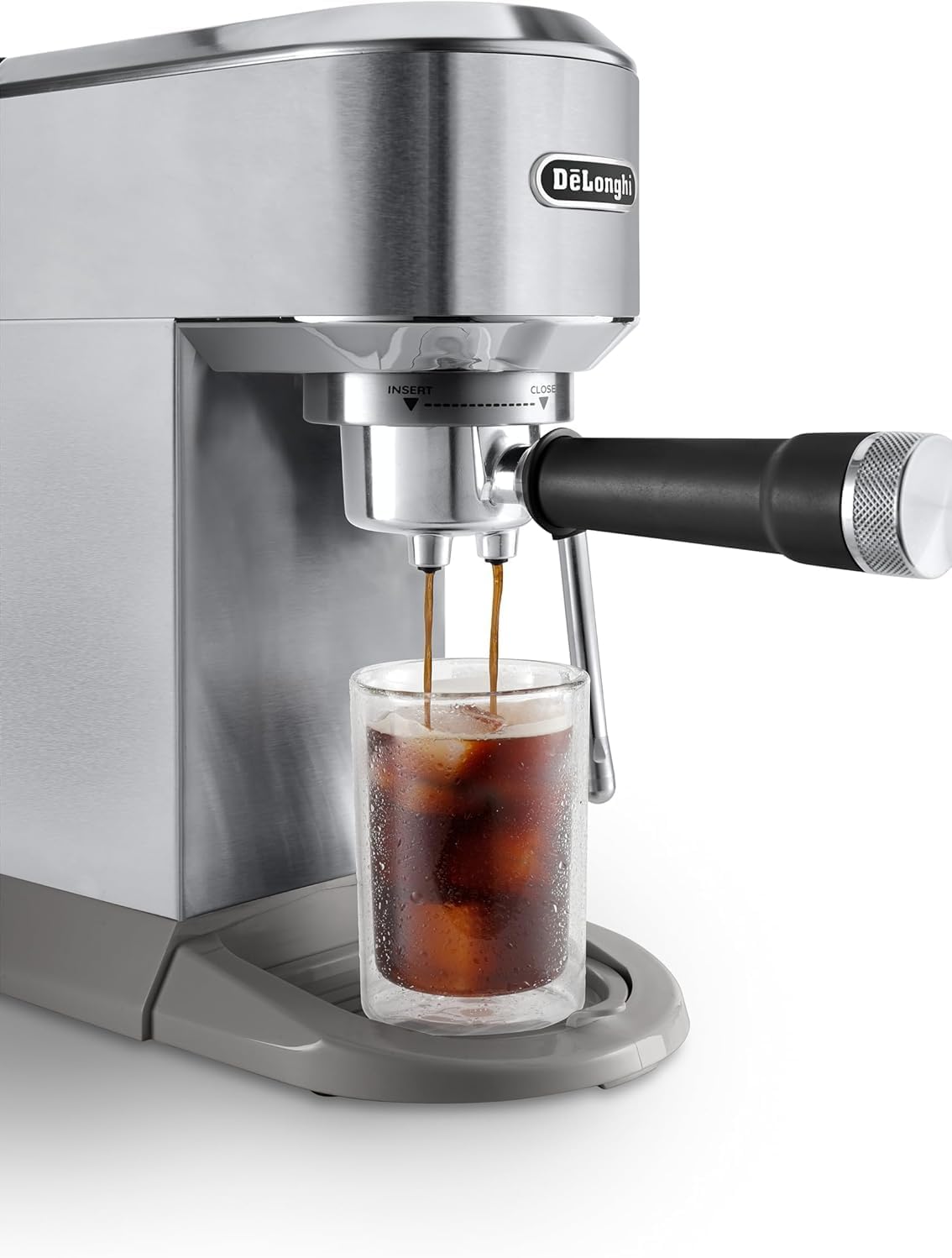 De'Longhi Dedica – Stainless Steel Pump Espresso Coffee Machine for Ground Coffee or Pods, Espresso and Cappuccino, 1.3 L Tank, Anti-Drip System, Model EC685.M, Metallic Colour