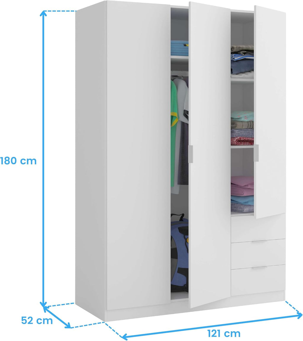 Habitdesign Three Door and Three Drawer Wardrobe Closet, Artic White Finish, Measurements: 121 cm (W) x 180 cm (H) x 52 cm (D)