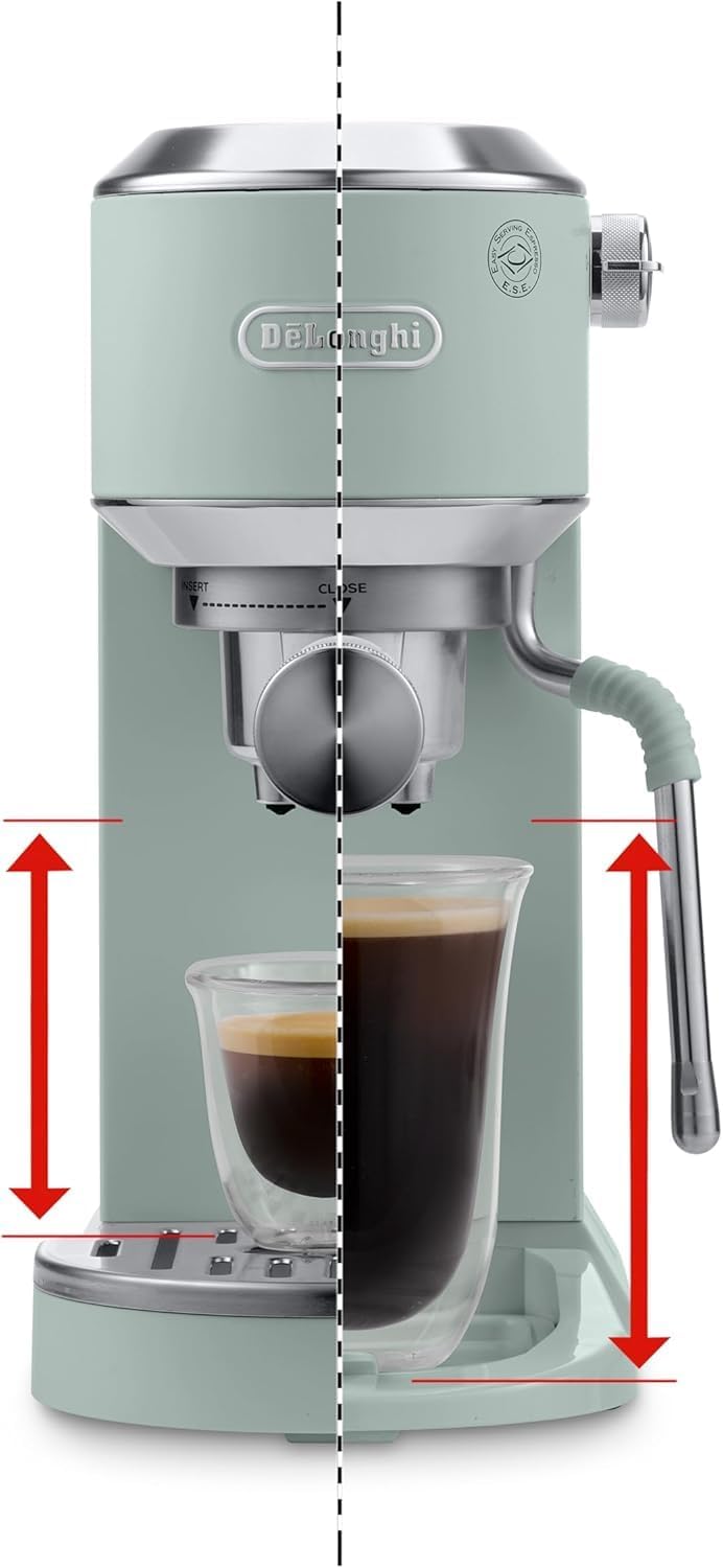 De'Longhi Dedica – Stainless Steel Pump Espresso Coffee Machine for Ground Coffee or Pods, Espresso and Cappuccino, 1.3 L Tank, Anti-Drip System, Model EC685.M, Metallic Colour