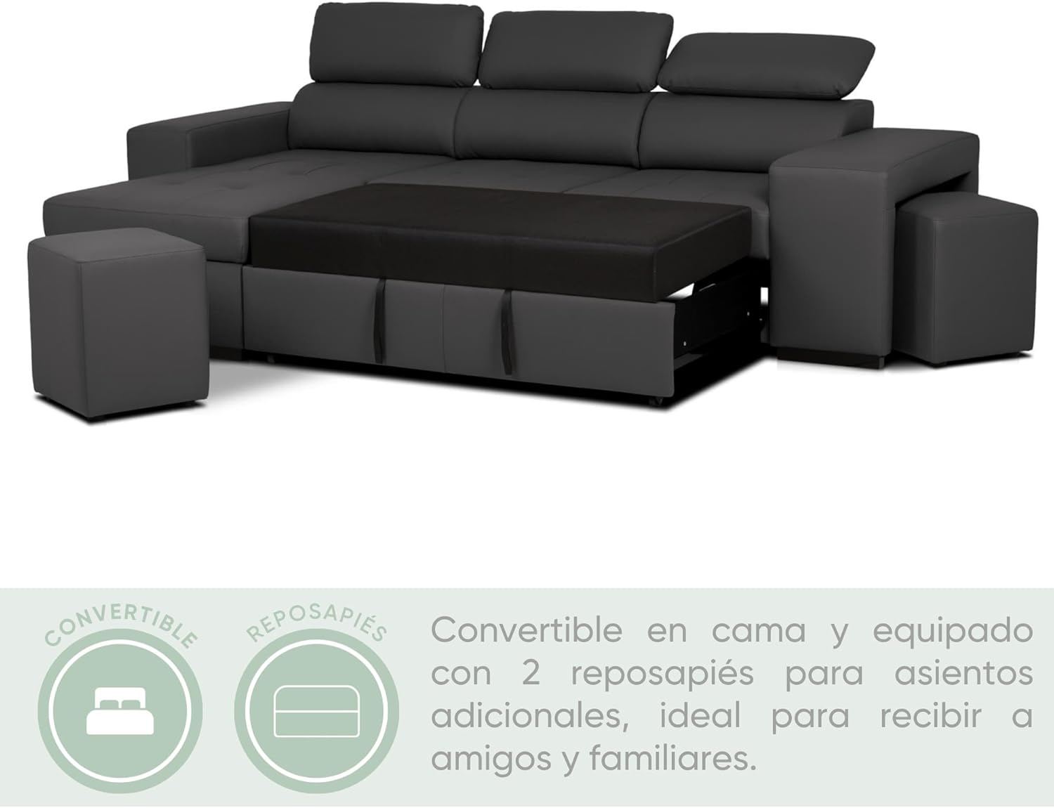 BUDWING John Sofá Cama Esquinero 4 Plazas - Chaise Longue Reversible, Reposacabezas Ajustable y 2 Pufs – Tapizado en Poliuretano – Estilo Moderno – 263x161x96 cm – Negro