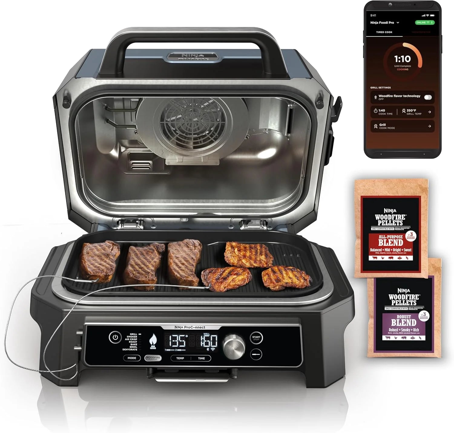 Ninja Woodfire Pro XL 2025, grill i wędzarnia zewnętrzna, termometr, grill Master 4 w 1, wędzarnia BBQ, frytkownica powietrzna na zewnątrz, piekarnik, przenośny, grill elektryczny, ciemnoszary, model OG850
