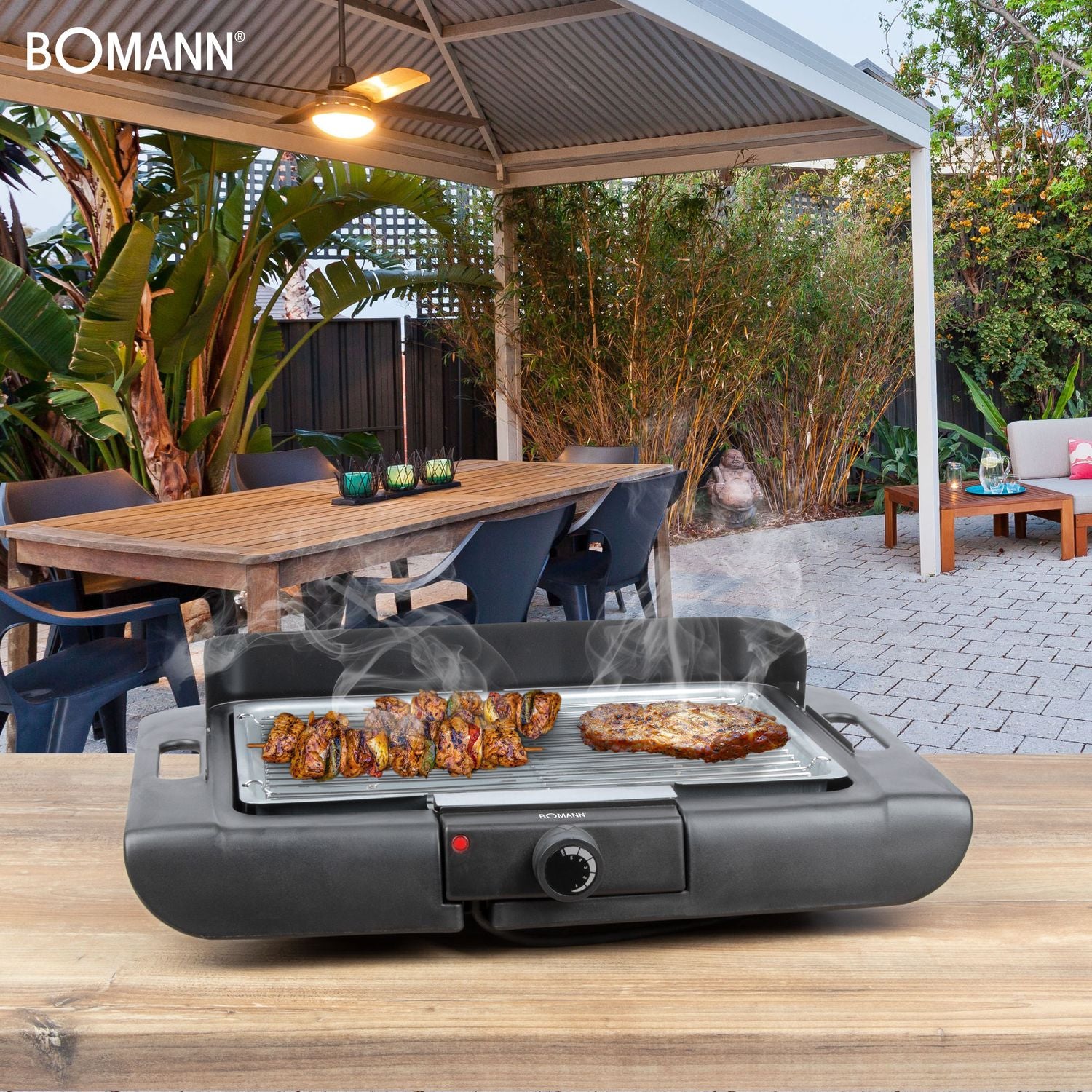 Electric grill, chrome-plated, 36 x 25 cm, thermostat, windbreak front, drip tray, black, 2000 W Bomann Bq 2243 Cb