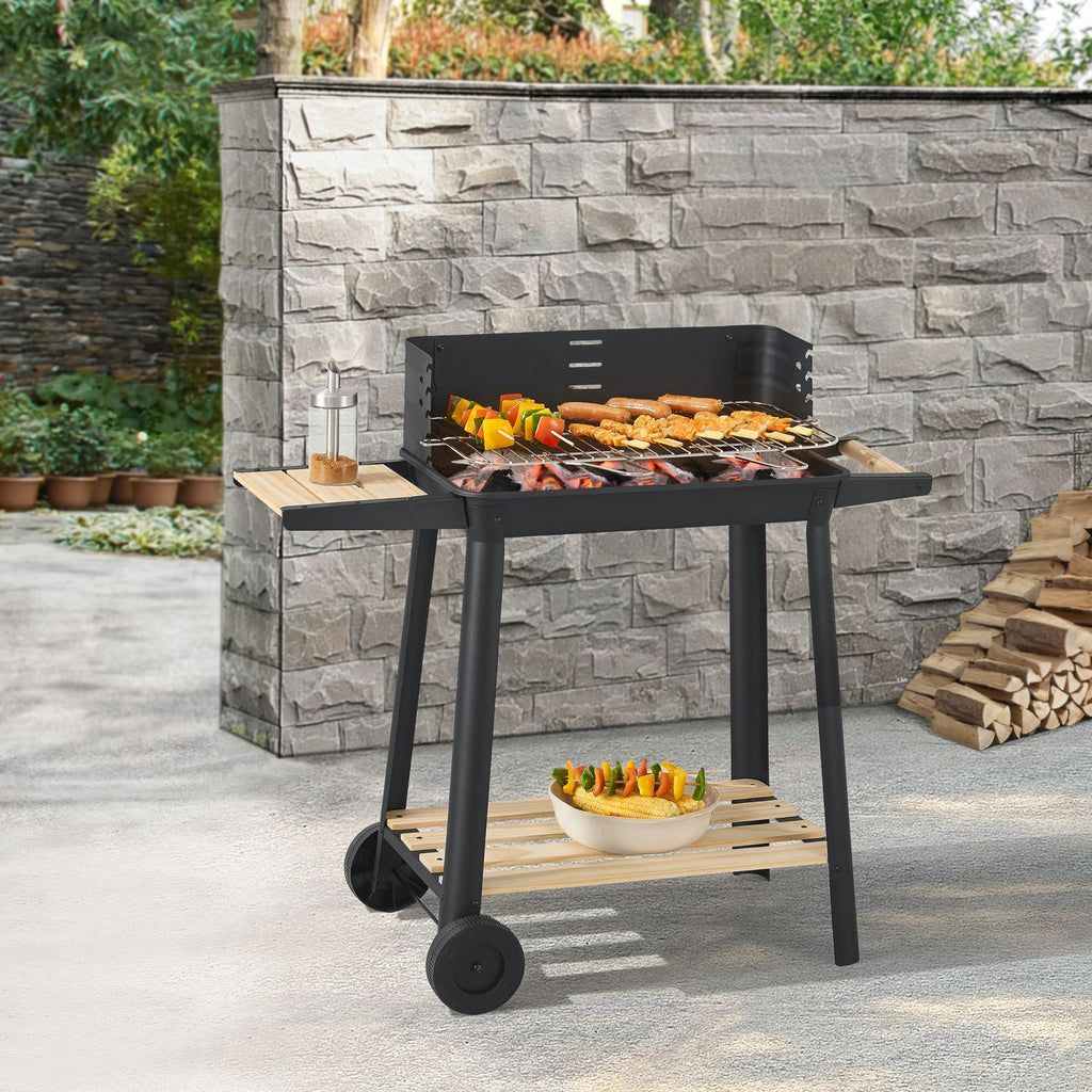 Ari charcoal grill with 2 wheels 78x86x30cm - black/wood [casa.pro]