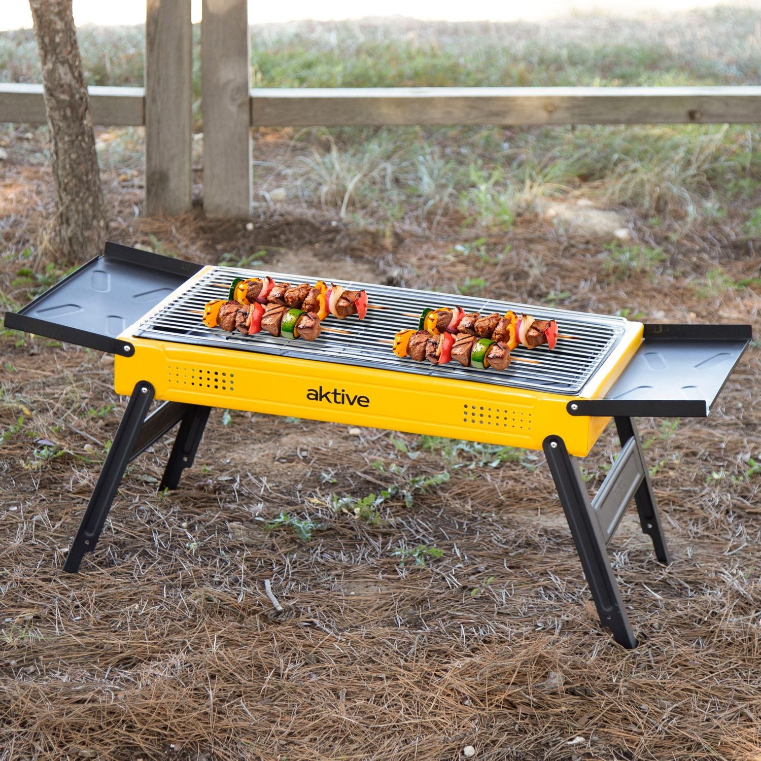 Barbacoa Carbón Plegable 89x33x33 Cm, Acero Esmaltado Con Bandejas Laterales Abatibles Y Parrilla De Acero Inoxidable - Aktive