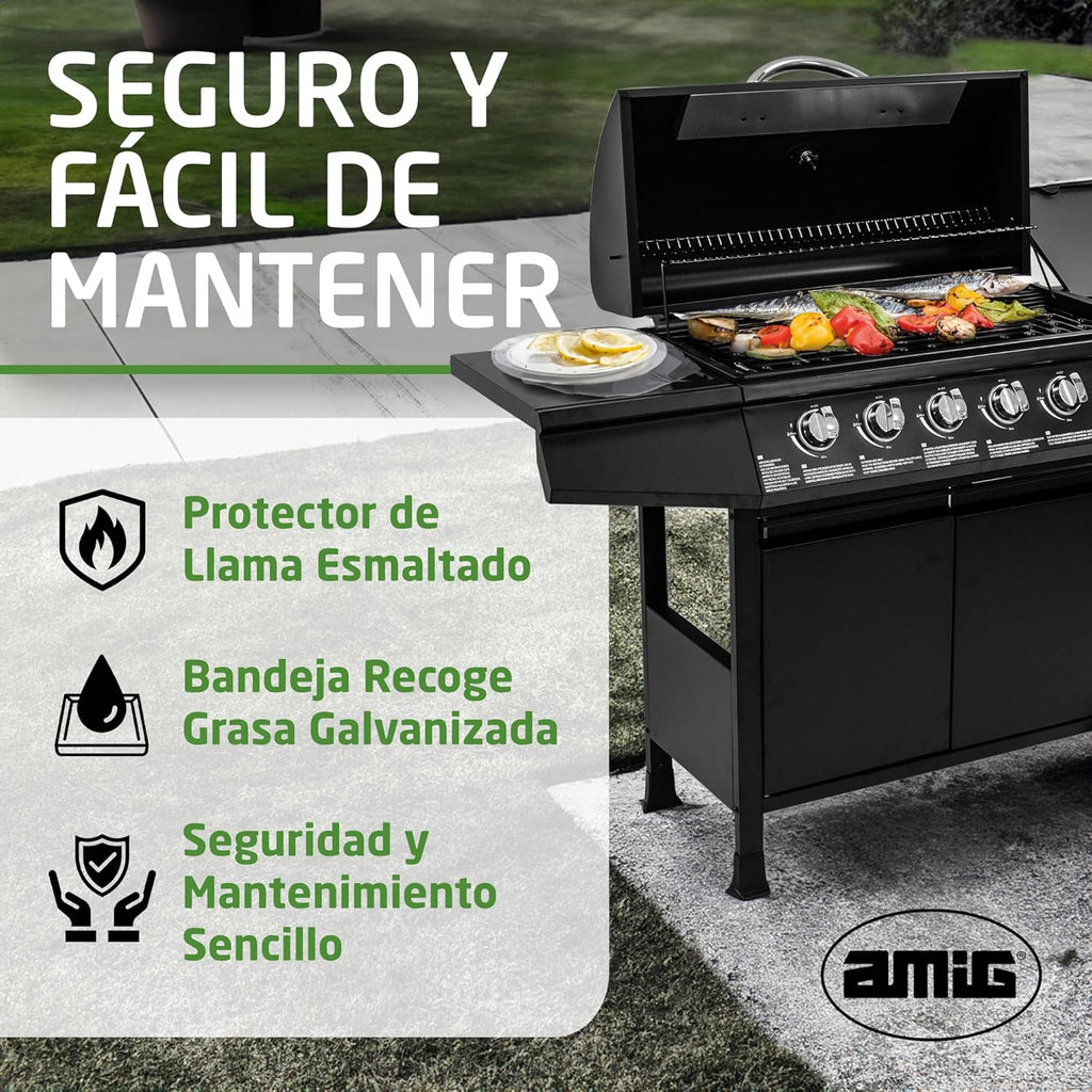 Grill gazowy Fireplus 6+1, 12,9 kW – stal nierdzewna czarna – grill na kółkach, model GRILL-6F – grill XXL z wózkiem i termometrem – 138 x 52 x 103 cm – 7 palników i półka boczna