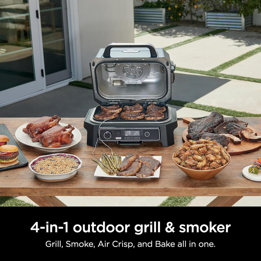 2026 Parrilla y ahumador exterior Ninja Woodfire Pro XL, termómetro, master grill 4 en 1, barbacoa ahumador, freidora de aire exterior, horno, portátil, parrilla eléctrica, gris oscuro, modelo OG850
