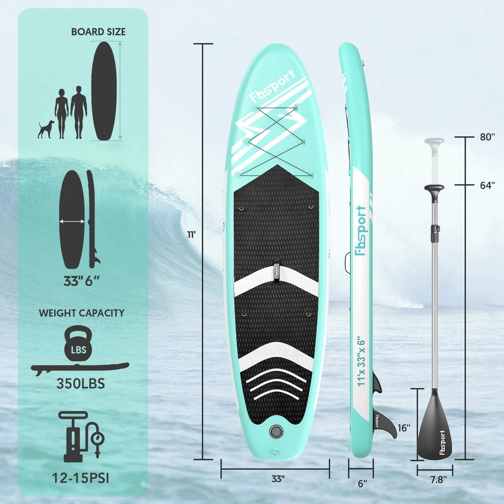 2026 FBSPORT Tabla de Paddle Surf Inflable, Grosor 15 cm, Kit Completo con Remo de Aluminio Ajustable y Bomba (Verde)