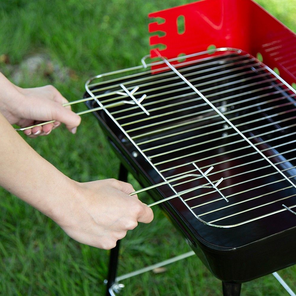 Barbacoa Portátil Carbón Con Cortavientos Y Parrilla Regulable En Altura 42x42x54 Cm - Acero. Negro Y Rojo